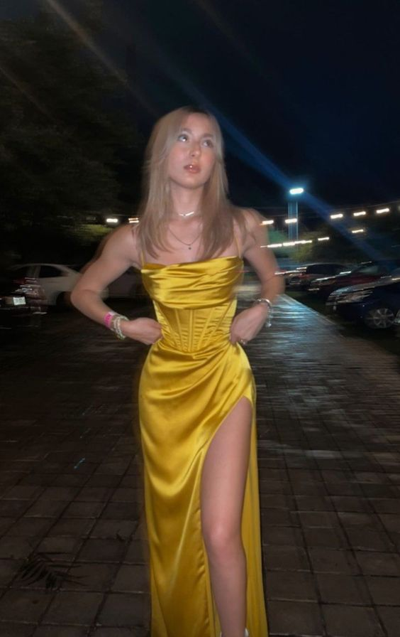 Yellow Satin Spaghetti Straps Slit Prom Dress Evening Dress HZ1023