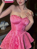 Sexy A Line Pink Strapless Rufflesd Homecoming Dress Short Party Dress HZ1023