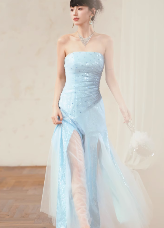 Blue Classy A Line Strapless Sequin Tulle Long Evening Dress Gown Dress HZ1023