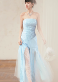 Blue Classy A Line Strapless Sequin Tulle Long Evening Dress Gown Dress HZ1023