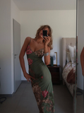 Retro Green Print Floral Strapless Satin Long Outfit Party Dress Vacation Dress Birthday Dress HZ1023