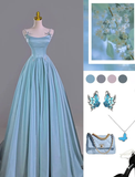 Blue A Line Spaghetti Strap Pearl Bow Satin Prom Dress Graduation Prom Dress HZ1023
