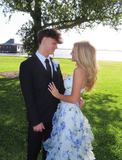 Classic Blue Floral Prom Dresses Long Evening Gown HZ1023