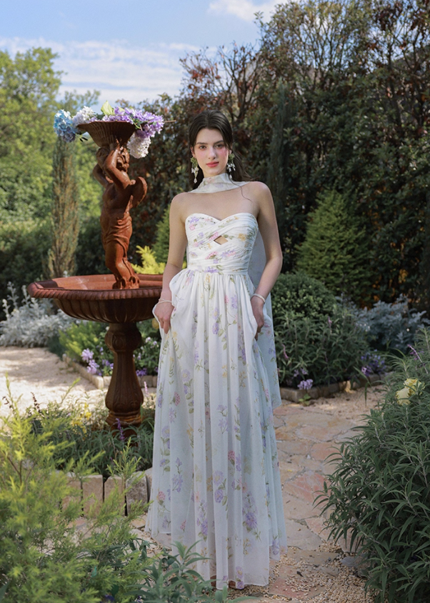 Dreamy A Line Sweetheart Neck Print Floral Chiffon Prom Dress Party Dress HZ1023
