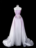 Pink Ombre A Line Strapless Flower Satin Party Dress Evening Dress HZ1023