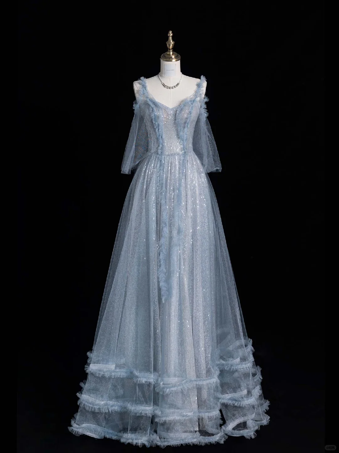 Shiny A Line Spaghetti Strap Blue Tulle Silver Sequin Long Evening Dresses Party Dresses HZ1023