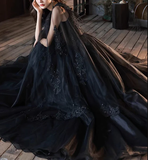 Black V neck Tulle Lace Long Prom Dresses, Elegant Formal Evening Dresses HZ1023