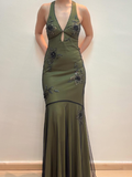 Vintage Mermaid V Neck Beaded Green Chiffon Satin Prom Dress Evening Dress HZ1023