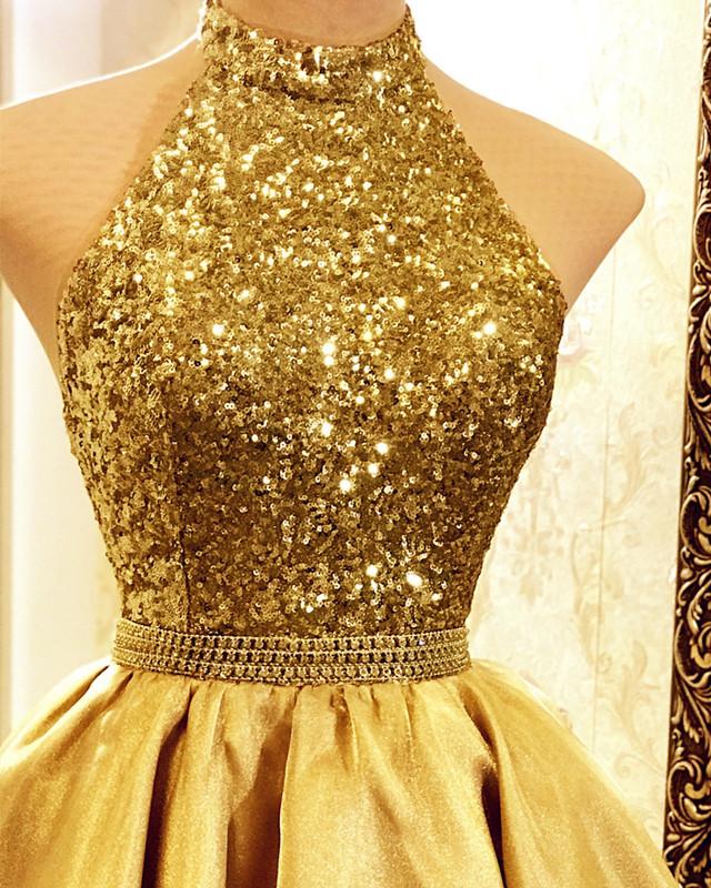 Gold High Low Sequin Organza Prom Dresses Halter Backless Formal Evening Party Gown Dress Robe De Soiree HZ1023