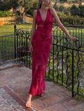 Charming Deep V Neck Satin Print Floral Long Evening Gown Prom Dress HZ1023