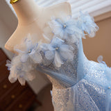 Blue A Line Sequins Off the Shoulder 3D Flower Tulle Prom Dress Evening Dress HZ1023