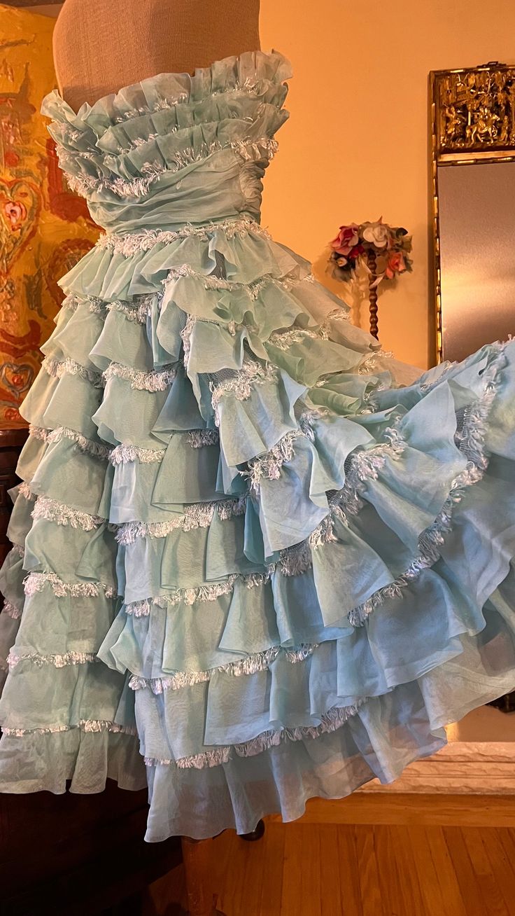 1940s Teal Vintage A Line Strapless Layered Organza Gown Homecoming Dress HZ1023