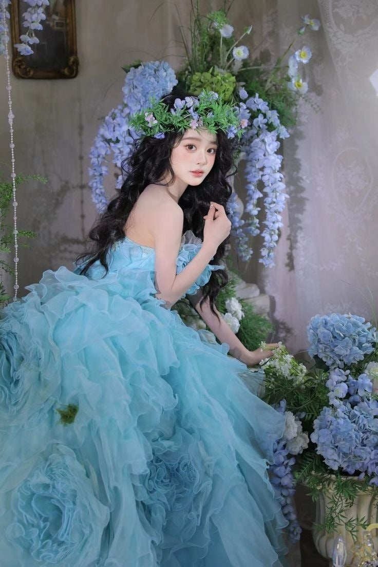Princess Ball Gown Strapless Tiered Flower Blue Tulle Party Dress Birthday Dress HZ1023