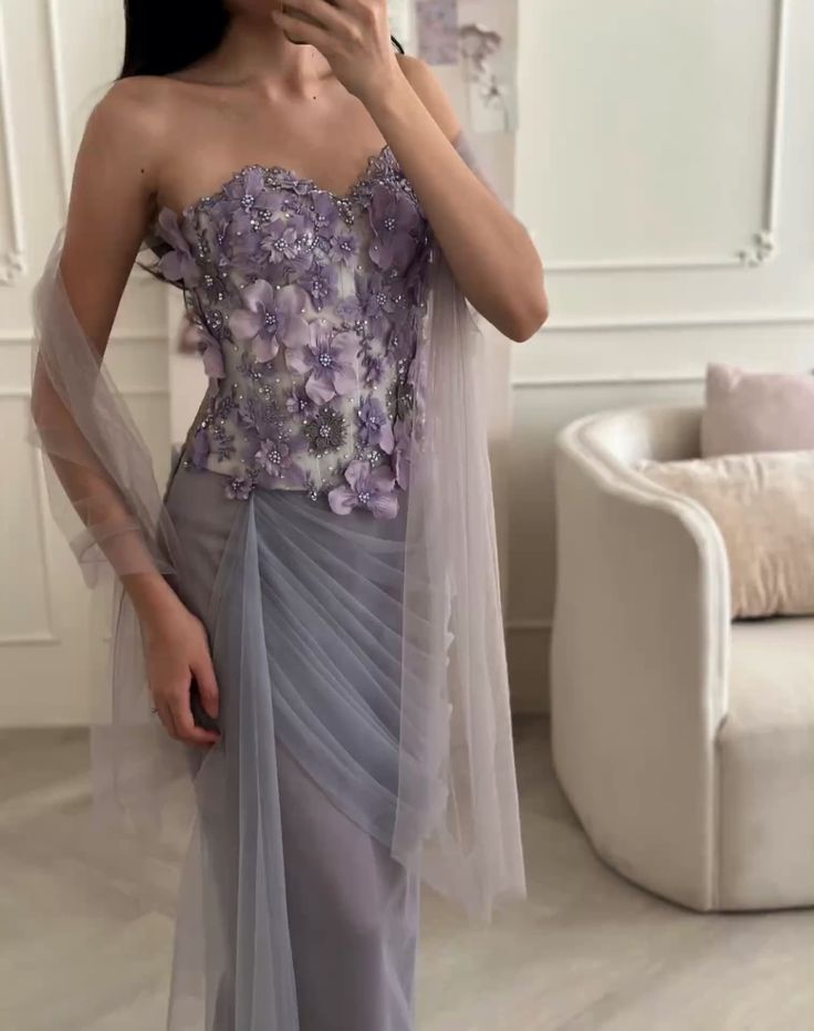Exquisite Purple Floral Sheath Sweetheart Neck Tulle Prom Dress Evening Dress Formal Dress HZ1023