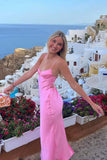 Simple Sheath Straps Pink Satin Long Party Dress Evening Dress HZ1023