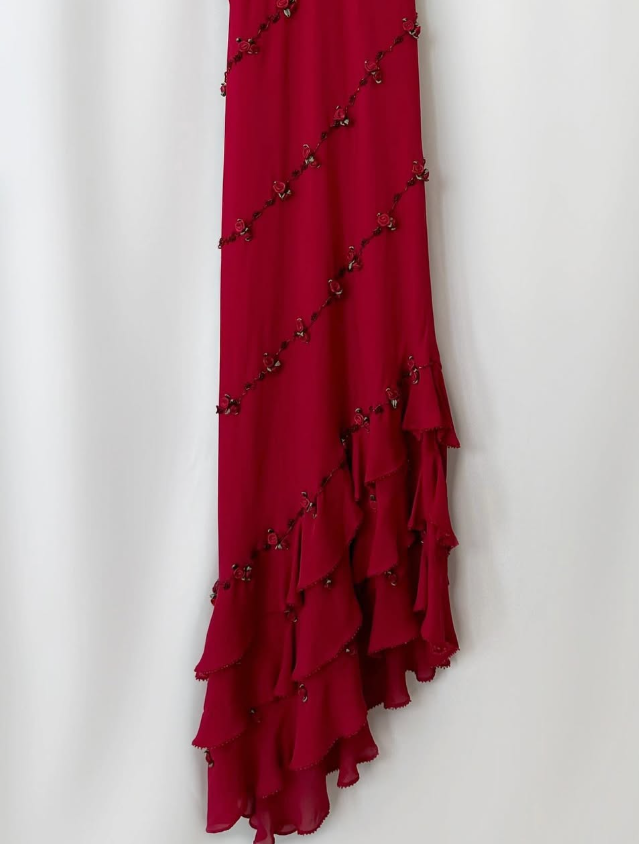 Vintage Burgundy Floral Beaded Ruffles Chiffon Prom Dress Evening Party Gowns HZ1023