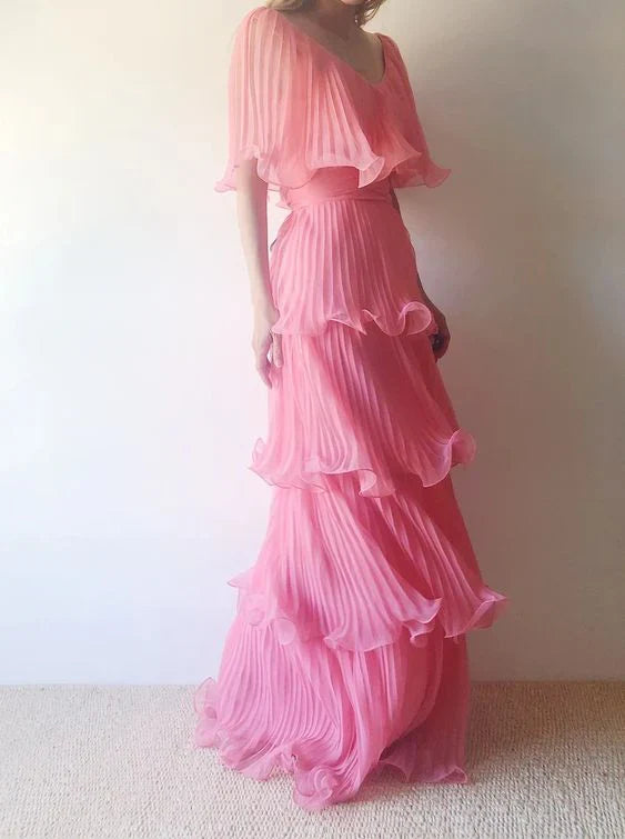 Pink Layered Chiffon A Line V Neck Simple Long Party Dress Evening Dress 18 Birthday Dress HZ1023