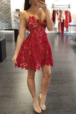 Deep V Neck Spaghetti Straps Lace Hollow Flowers Short Pleated Homecoming Dresses HZ1023