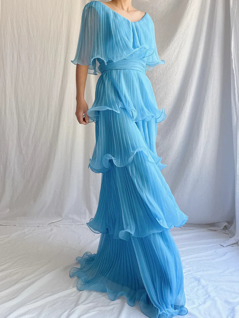 Blue Layered Chiffon A Line V Neck Simple Long Party Dress Evening Dress 18 Birthday Dress HZ1023