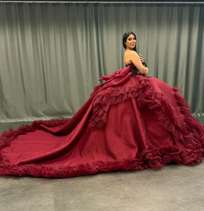 Princess Burgundy Quinceanera Dresses Beaded Appliques Tulle Sweet 16 Party Prom Ball Gown HZ1023