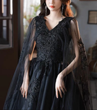 Black V neck Tulle Lace Long Prom Dresses, Elegant Formal Evening Dresses HZ1023