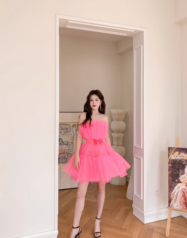 Barbie Pink A Line Strapless Tulle Short Outfit Party Dress Homecoming Dress Birthday Dress HZ1023