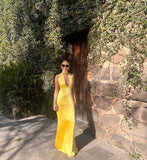 Yellow Sheath V Neck Satin Open Back Long Prom Dress Evening Dress HZ1023