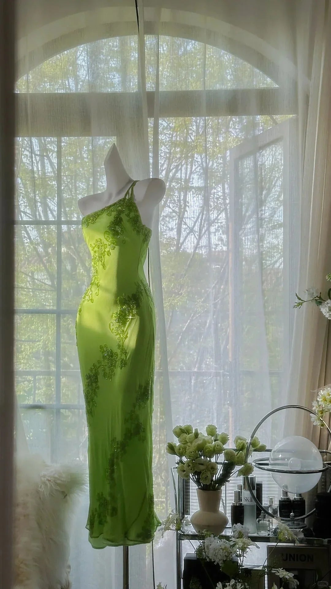Stunning Sheath One Shoulder Beaded Green Chiffon Party Dress Evening Dress HZ1023