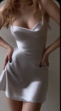 White Simple A Line Spaghetti Strap Satin Homecoming Dress Party Dress HZ1023