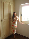 Gentle Sheath Straps Printed Floral Chiffon Tea Length Vacation Dress Outfits HZ1023