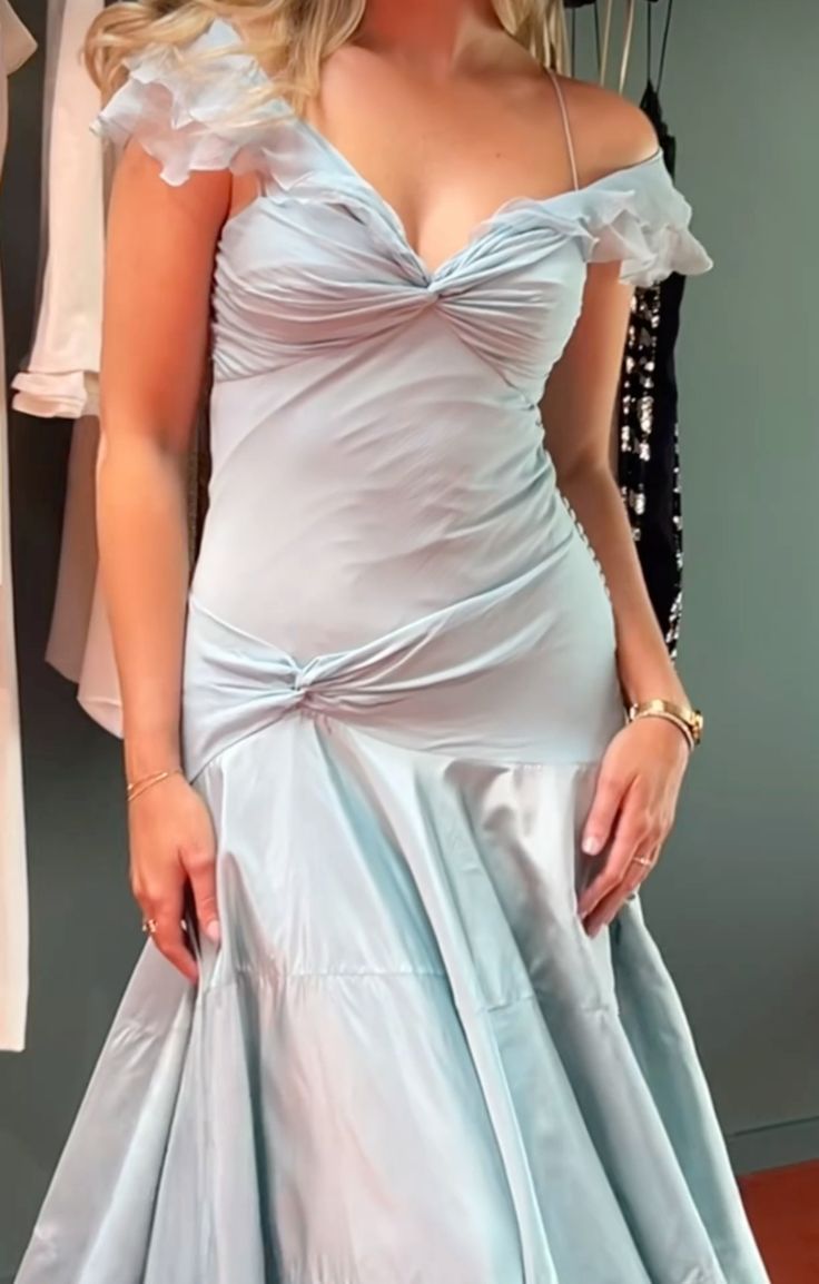 Retro Style A Line Off the Shoulder Blue Satin Long Party Dress Prom Dress HZ1023