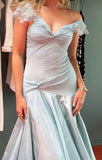 Retro Style A Line Off the Shoulder Blue Satin Long Party Dress Prom Dress HZ1023