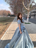 Blue A Line Off the Shoulder Flower Satin Long Party Dress Birthday Dress HZ1023