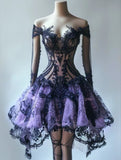 Unique A Line Long Sleeve Beaded Lilac Lace Tulle Short Homecoming Dress Evening Dress HZ1023
