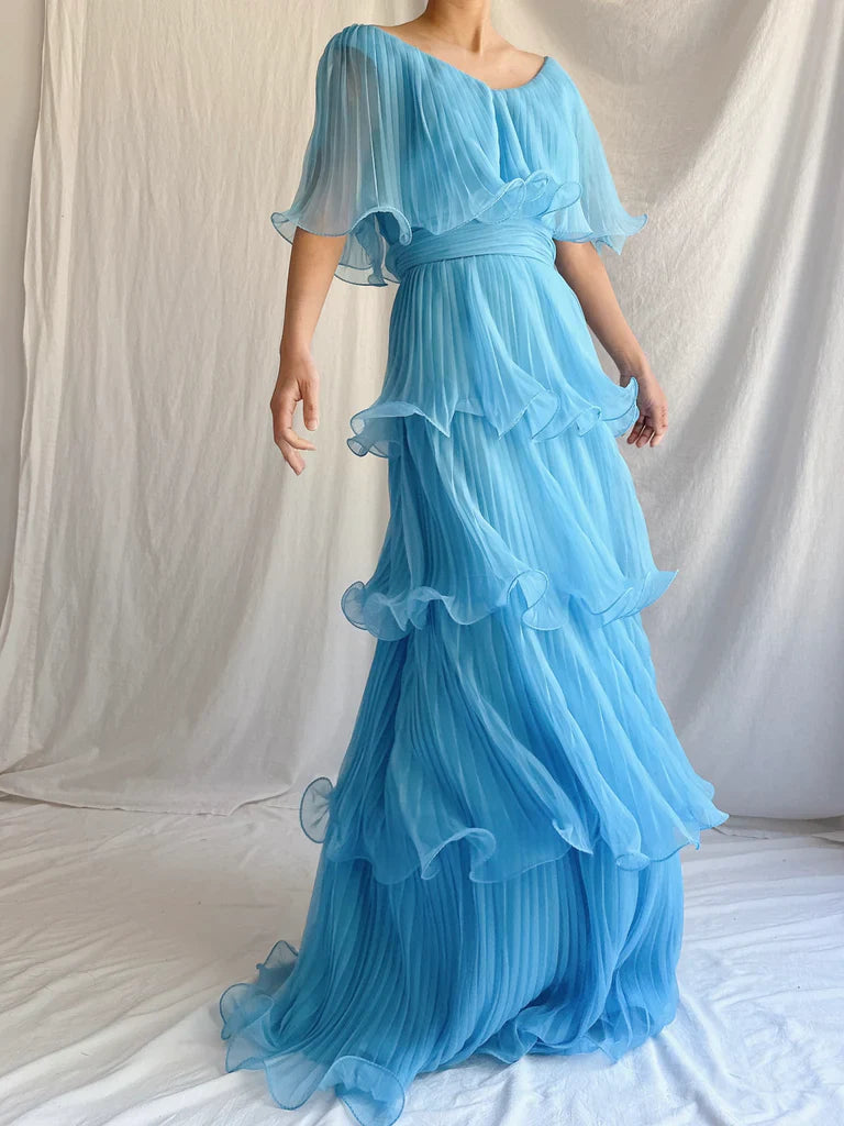 Blue Layered Chiffon A Line V Neck Simple Long Party Dress Evening Dress 18 Birthday Dress HZ1023