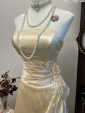 Simple A Line Strapless Flower Champagne Satin Short Homecoming Dress Cocktail Dress HZ1023