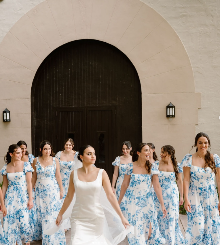 Cute A Line Puff Sleeve Print Floral Chiffon Long Bridesmaid Dress Graduation Prom Dress HZ1023