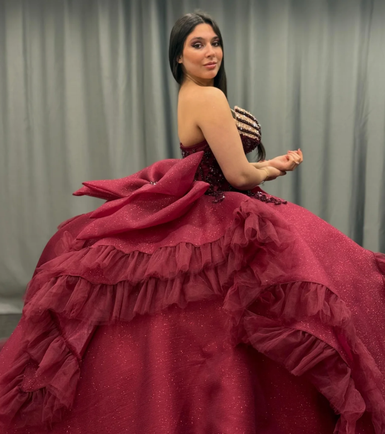 Princess Burgundy Quinceanera Dresses Beaded Appliques Tulle Sweet 16 Party Prom Ball Gown HZ1023