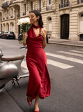 Sexy Burgundy A Line Halter Pearl Satin Open Back Prom Dress Party Dress Formal Dress HZ1023
