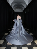 Shiny A Line Strapless Sequin Grey Tulle Satin Long Prom Dress Party Dress HZ1023