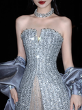 Shiny A Line Strapless Sequin Grey Tulle Satin Long Prom Dress Party Dress HZ1023