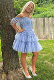 Off The Shoulder Pleated Tiered Tulle Party Dress,Pretty Homecoming Dress HZ1023