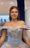 Blue Ball Gown Off the Shoulder Beaded Sequin Sweet 16 Dress Quinceanera Dress HZ1023