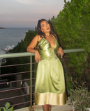 Sexy A Line V Neck Beaded Green Satin Open Back Long Party Dress Evening Dress HZ1023