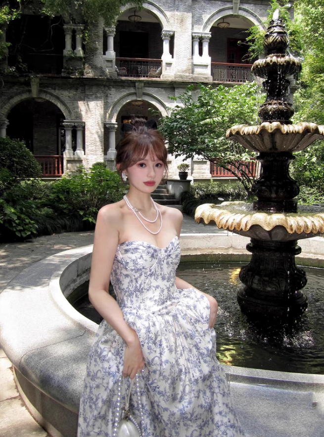 Blue A Line Sweetheart Neck Print Floral Satin Prom Dress 16th Birthday Dress HZ1023