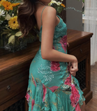 Vintage Mermaid Spaghetti Strap Ruffle Beaded Chiffon Evening Dress Outfits HZ1023