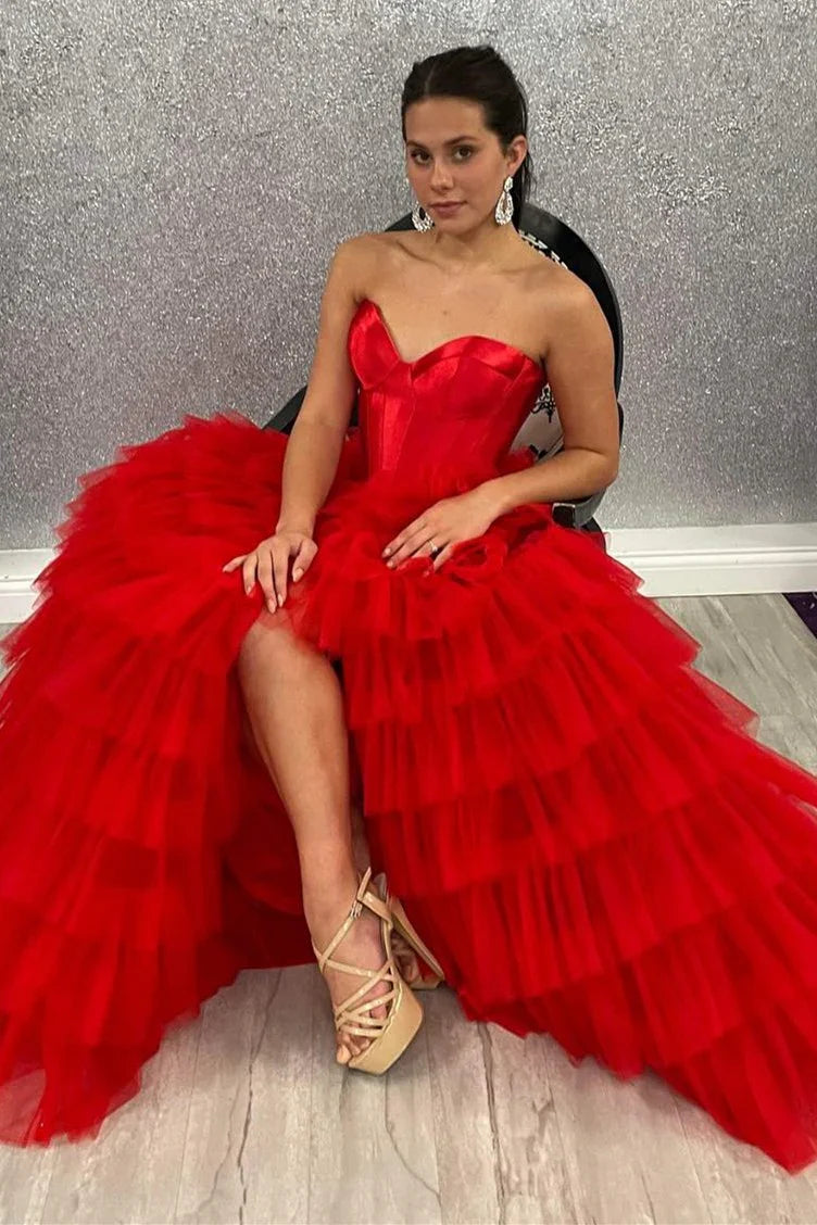 Black A Line Sweetheart Neck Layered Satin Tulle Long Wedding Guest Dress Evening Dress with Slit HZ1023