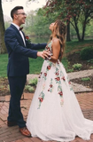 Charming V Neck Floral Embroidery Long Lace Prom Dress with Pocket HZ1023