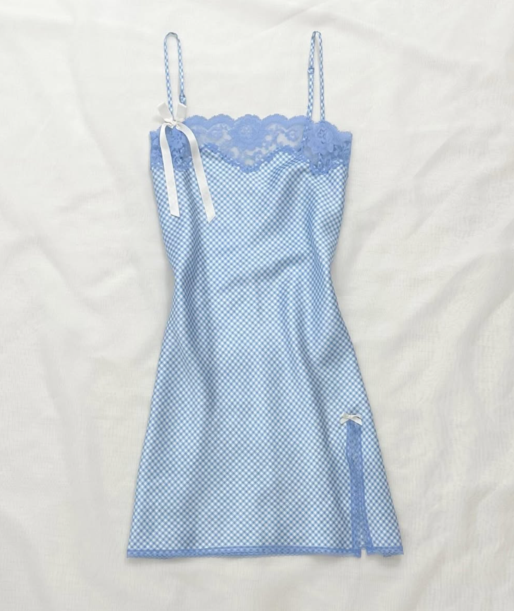 Blue Lattice A Line Spaghetti Strap Lace Satin Short Homecoming Dress Birthday Dress Outfits HZ1023