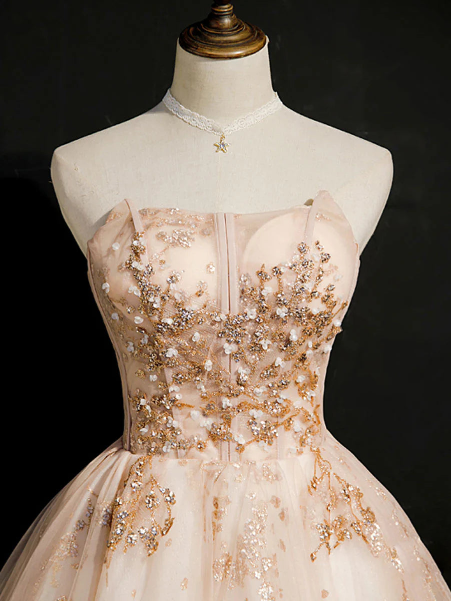 Strapless Champagne Beaded Tulle Short Prom Dress Homecoming Dress HZ1023